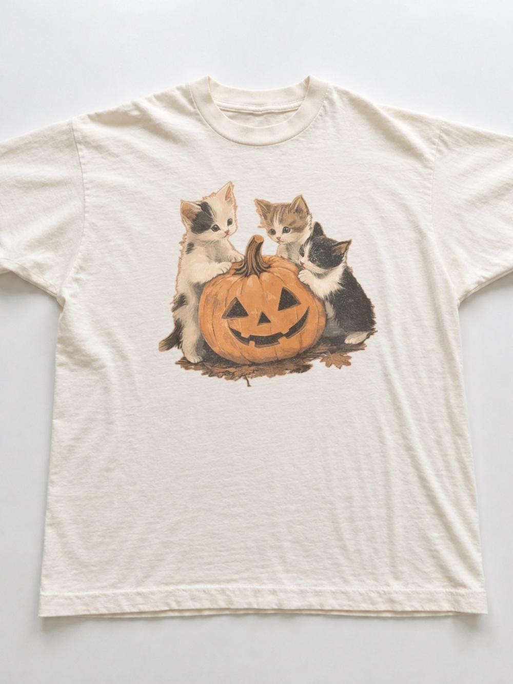 Off White Tee with Kittens & Pumpkin Graphic